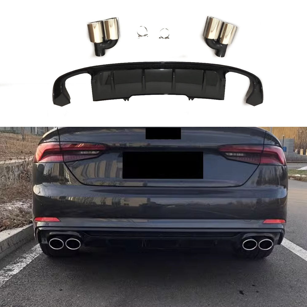 Fit Audi A5 B9 Sline S5 2016-2019 Gloss Black Rear Bumper Diffuser Lip With Exhaust Tips